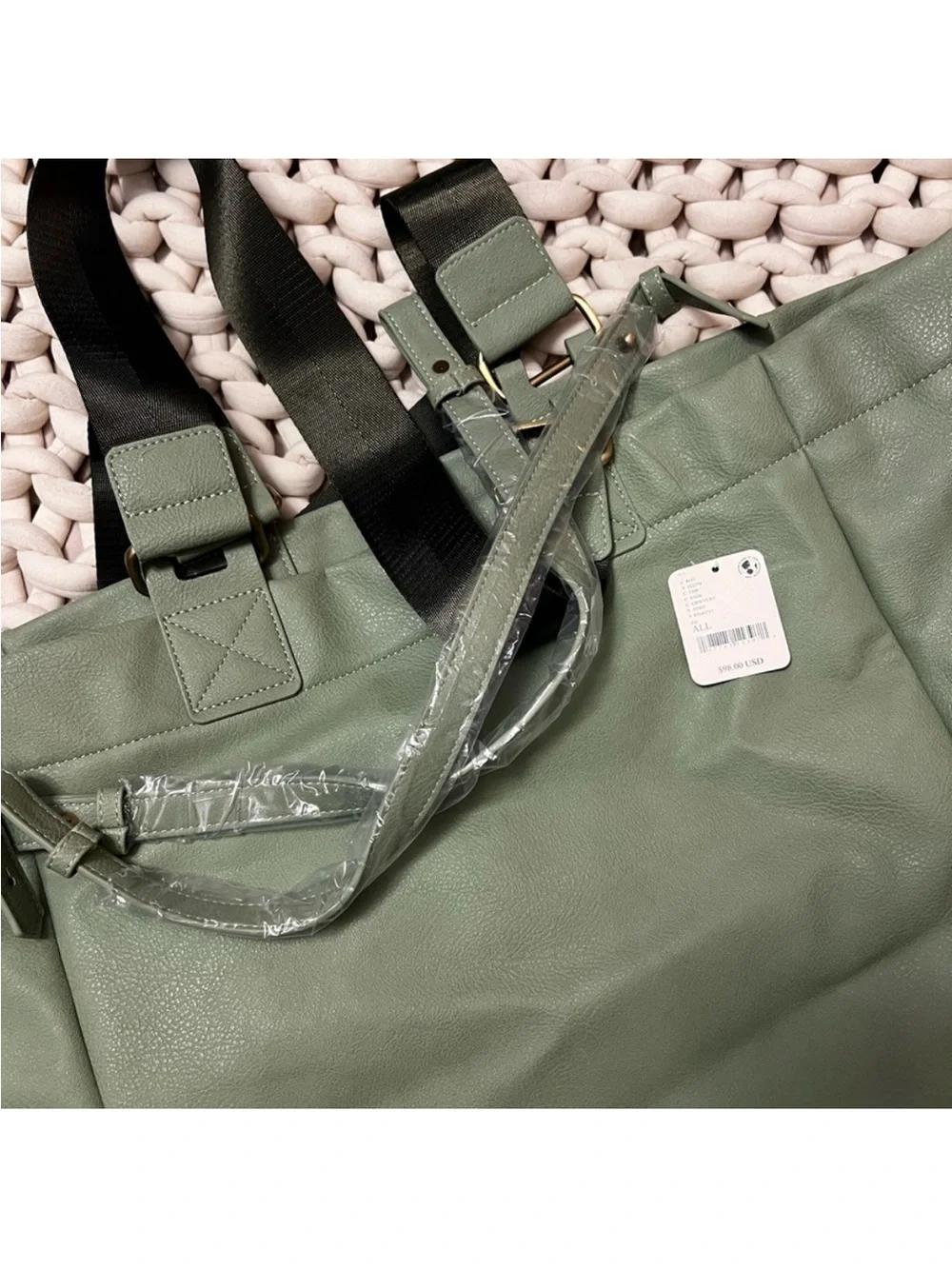 Free People Mint Green Canvas Tote with Dark Green Straps